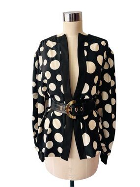 Lilli Ann 70s Vintage Black & Ivory Polka Dot Open Front Jacket M